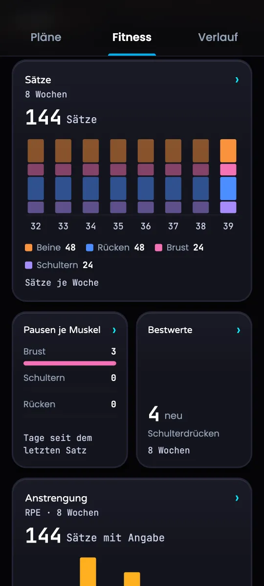 Fitness: 144 Sätze in 8 Wochen, je Muskel und Woche, dazu Bestwerte – Beispielwerte