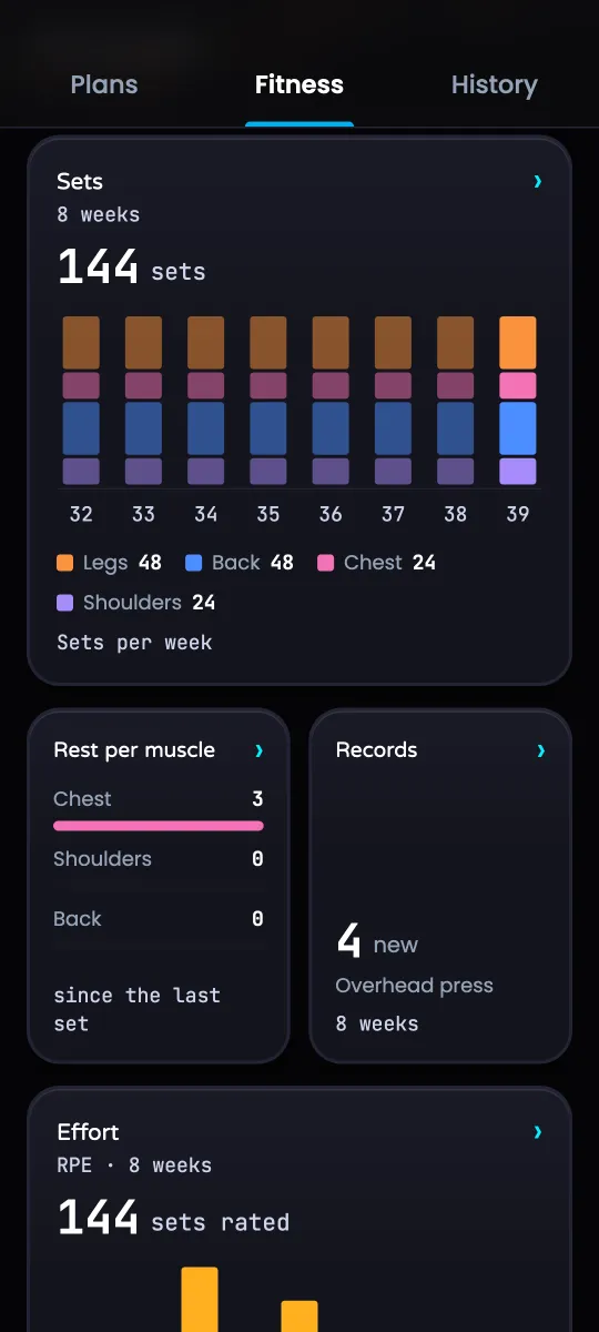 Fitness: 144 sets in 8 weeks, by muscle and week, plus personal bests – sample values