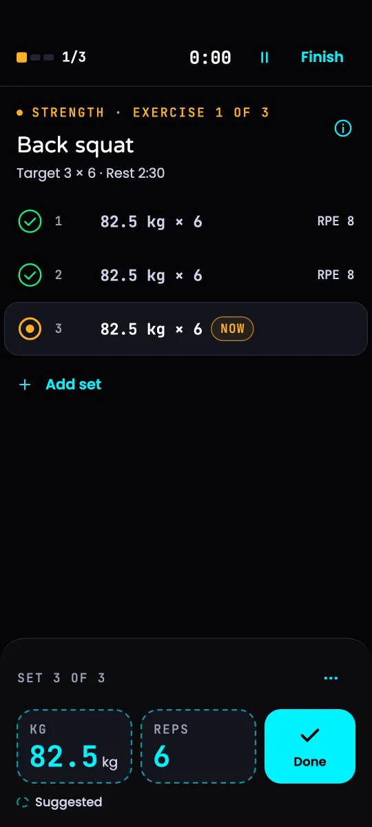 Workout runner: back squat, two sets of 82.5 kg × 6 done, the third suggested – sample values